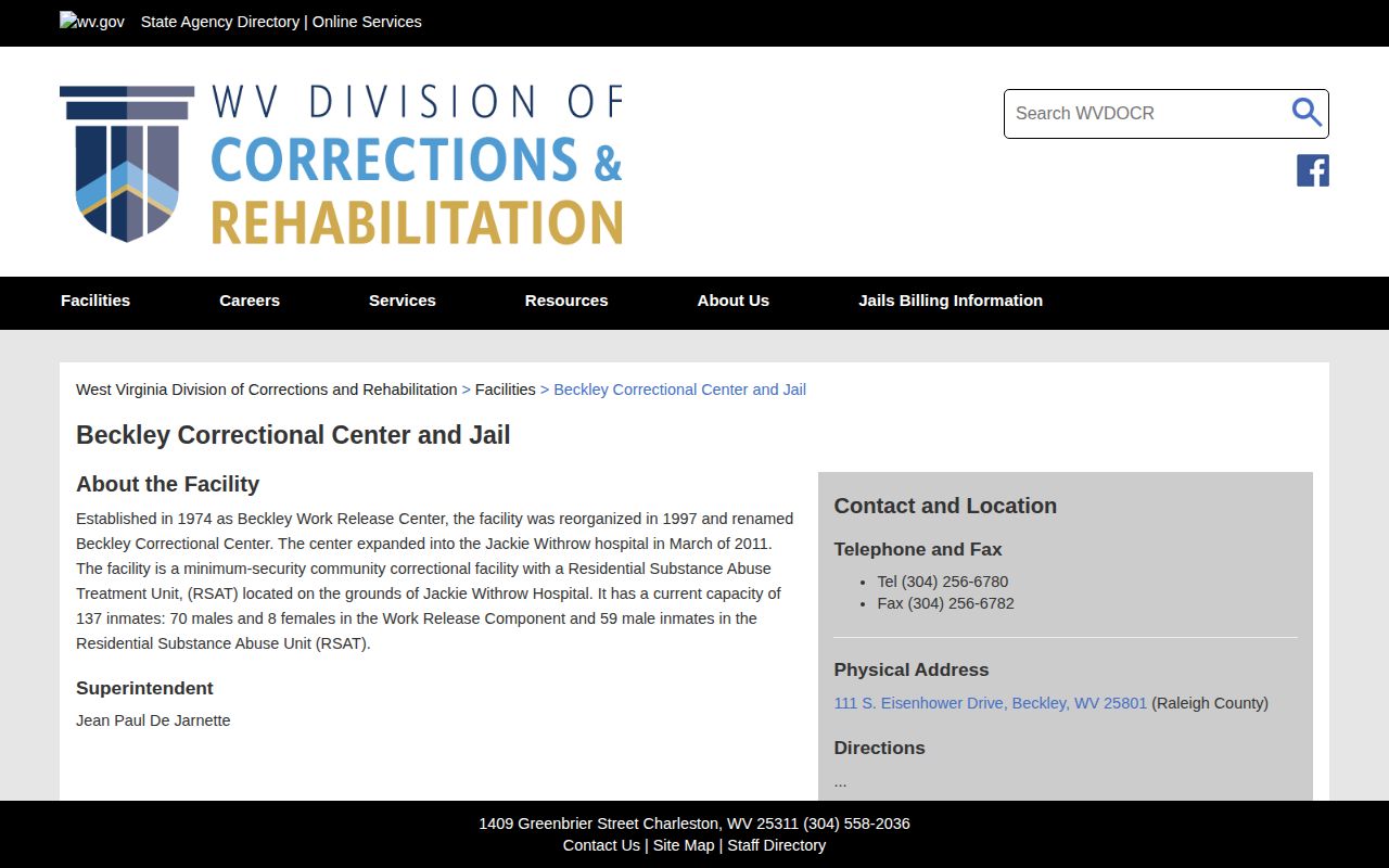 Beckley Correctional Center and Jail official WVDCR release record source